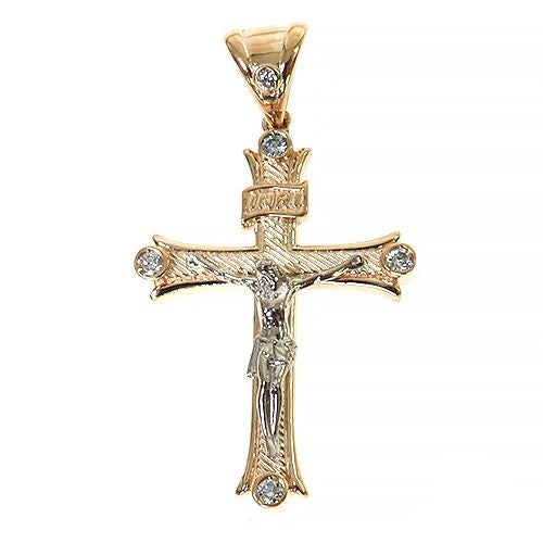 14K Gold 2 Tone Solid Yellow Gold Cross Crucifix