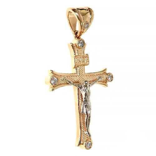 14K Gold 2 Tone Solid Yellow Gold Cross Crucifix