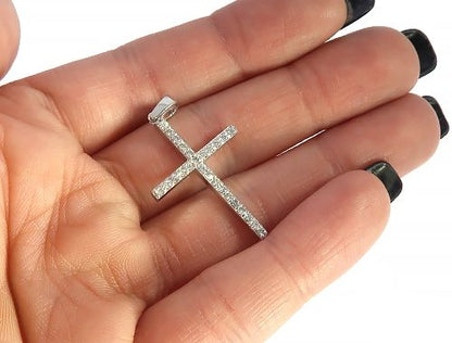 14K White Gold Prong Diamond Cross Pendant