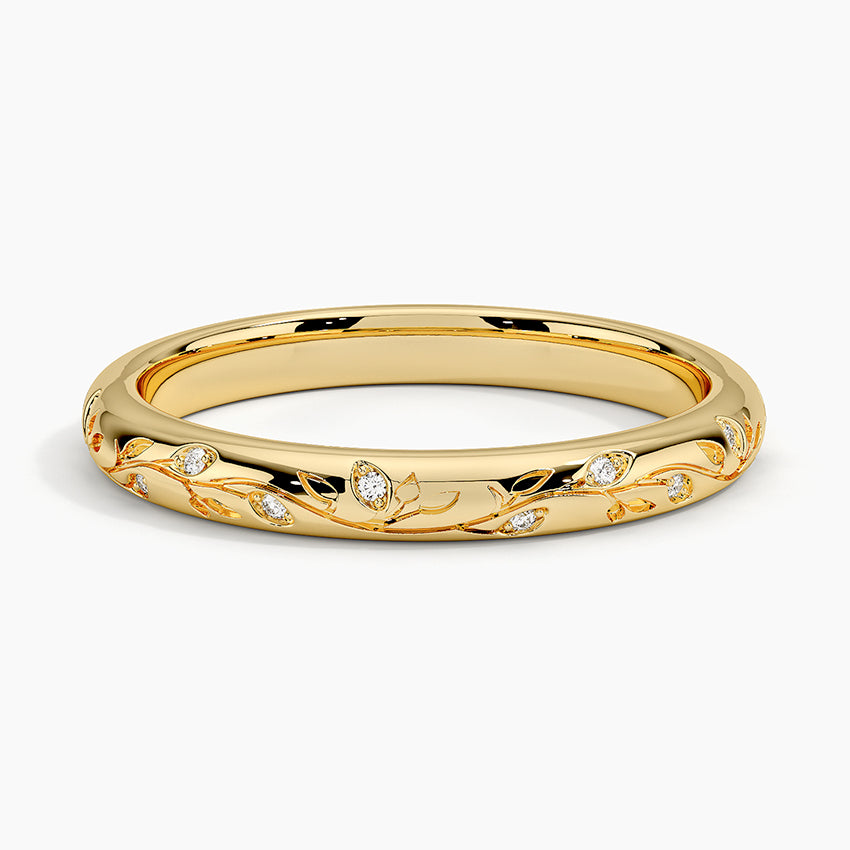 Verdure Engraved Diamond Ring in 14K Yellow Gold