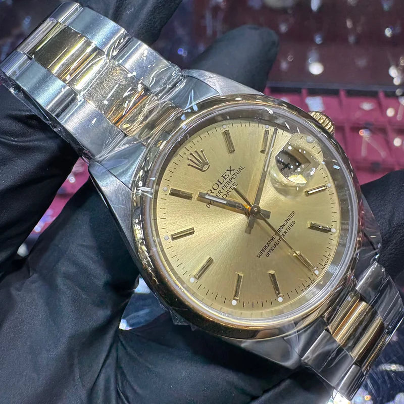 Rolex Oyster Perpetual Date 36mm Two Tone Gold Champagne Stick Dial
