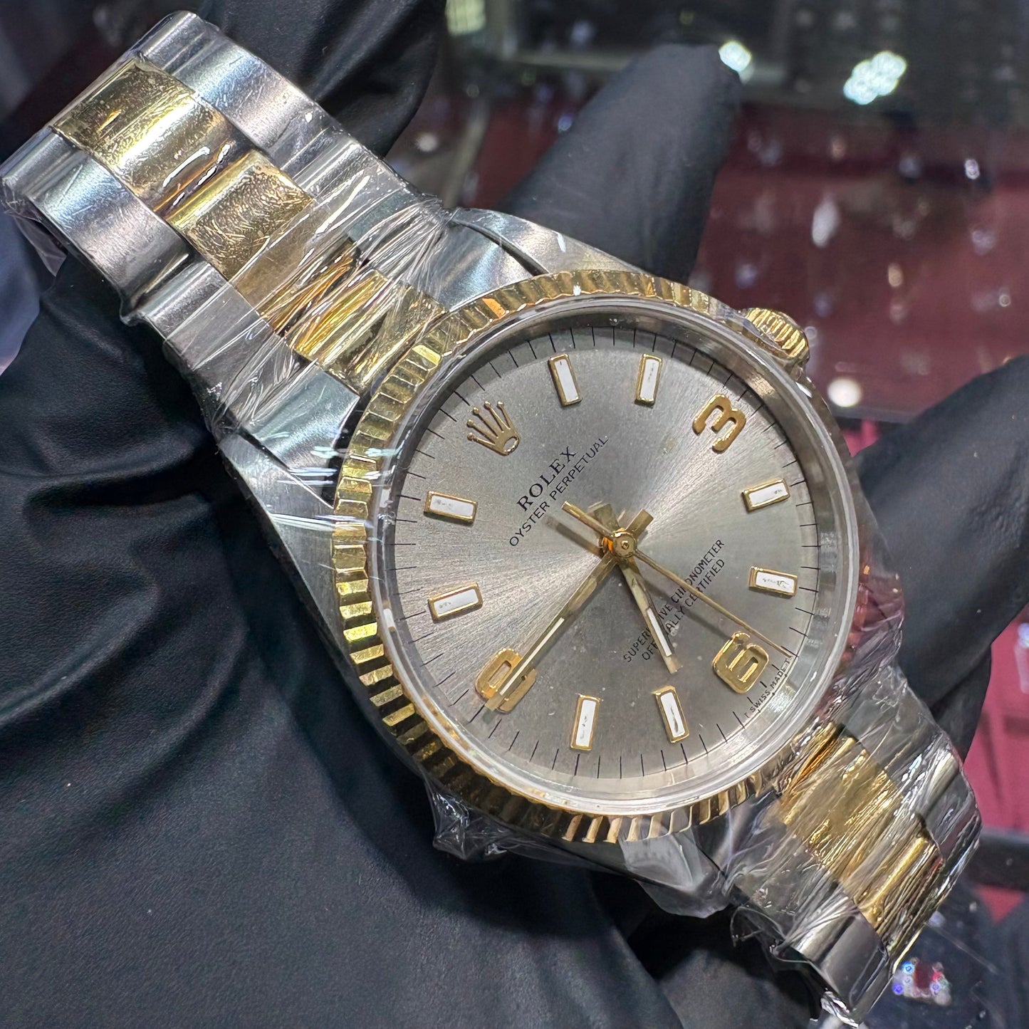Rolex Oyster Perpetual No-Date 34mm | Two Tone Yellow Gold | "Silver Stick"