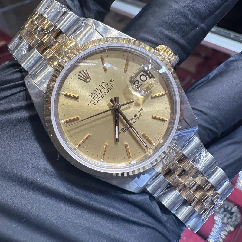 Rolex DateJust 36mm Two Toned Gold Champagne Stick Dial