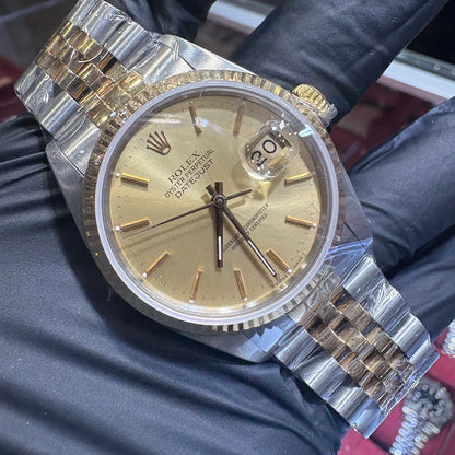 Rolex DateJust 36mm Two Toned Gold Champagne Stick Dial