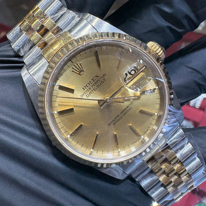 Rolex DateJust 36mm Two Tone Gold Champagne Stick Dial