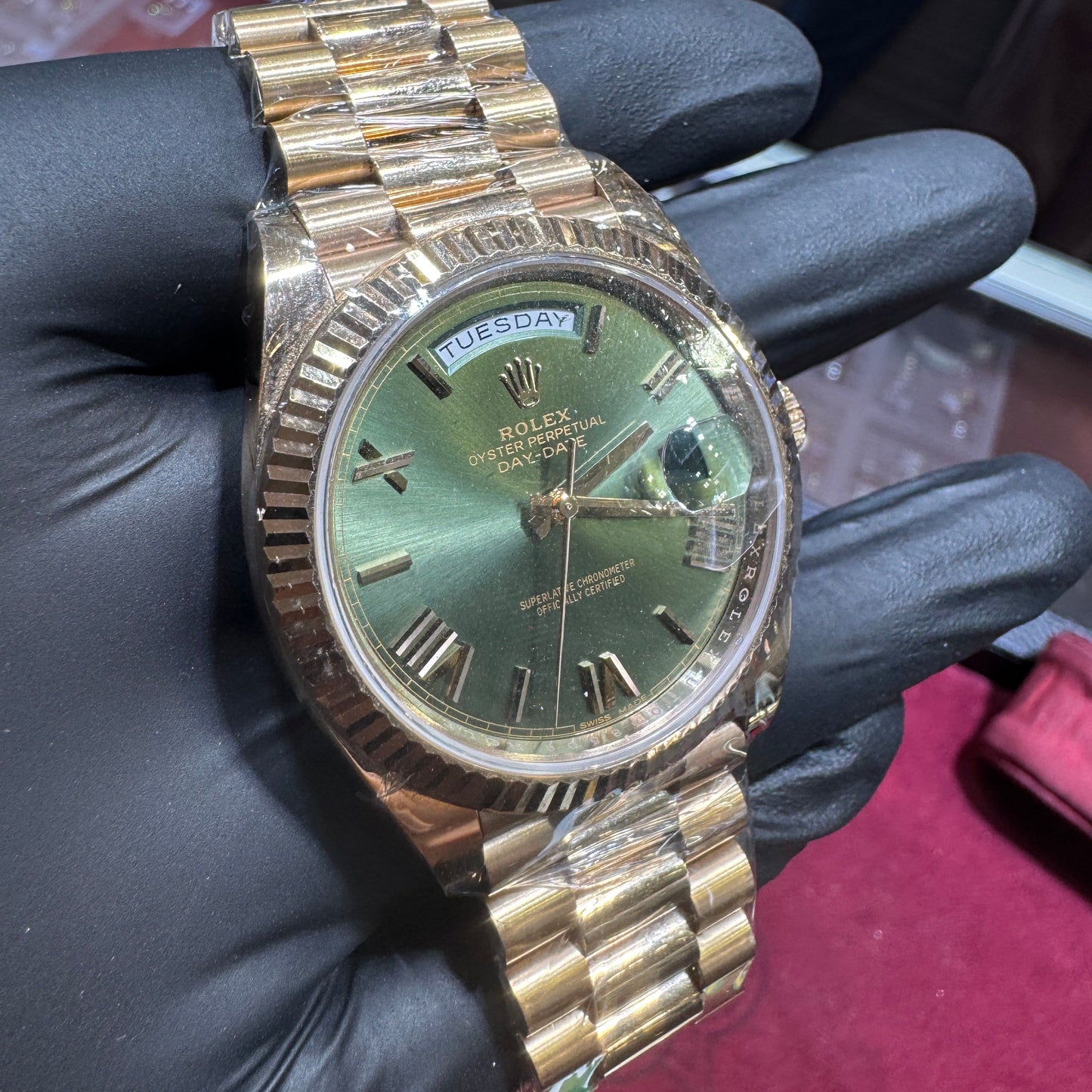 2016 Rolex Day-Date 40mm | 18K Everose Gold | "Olive Green Roman" | 228235