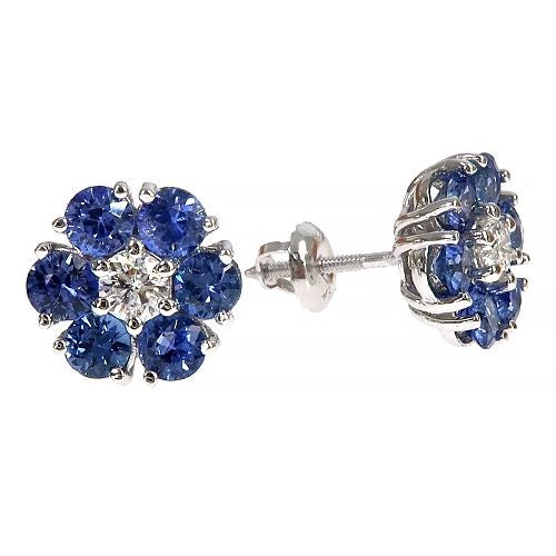 Large Ocean Blue Sapphire Diamond Flower Earrings