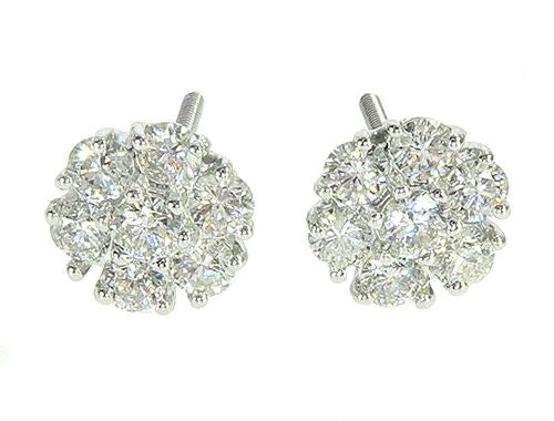 14K White Gold Diamond Stud Flower Earrings