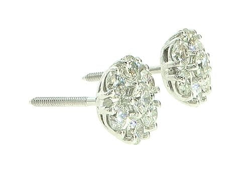 14K White Gold Diamond Stud Flower Earrings