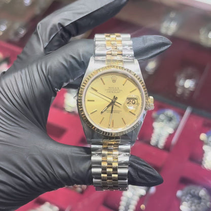 Rolex DateJust 36mm Two Tone Gold Champagne Stick Dial